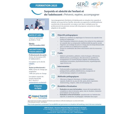 Formation "Surpoids et obésité de l'enfant et de l'adolescent: prévenir, repérer, accompagner"
